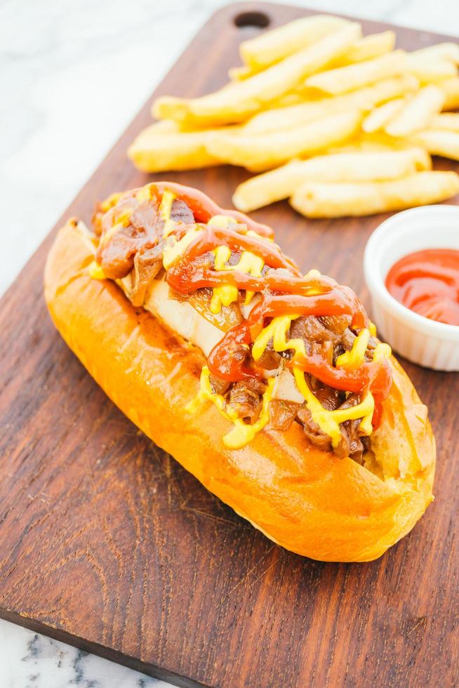 hotdog con patatine fritte e salsa di pomodoro foto