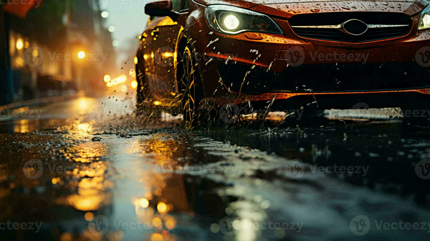lato Visualizza di un' auto ruota su bagnato marciapiede durante pioggia a tramonto nel il città foto