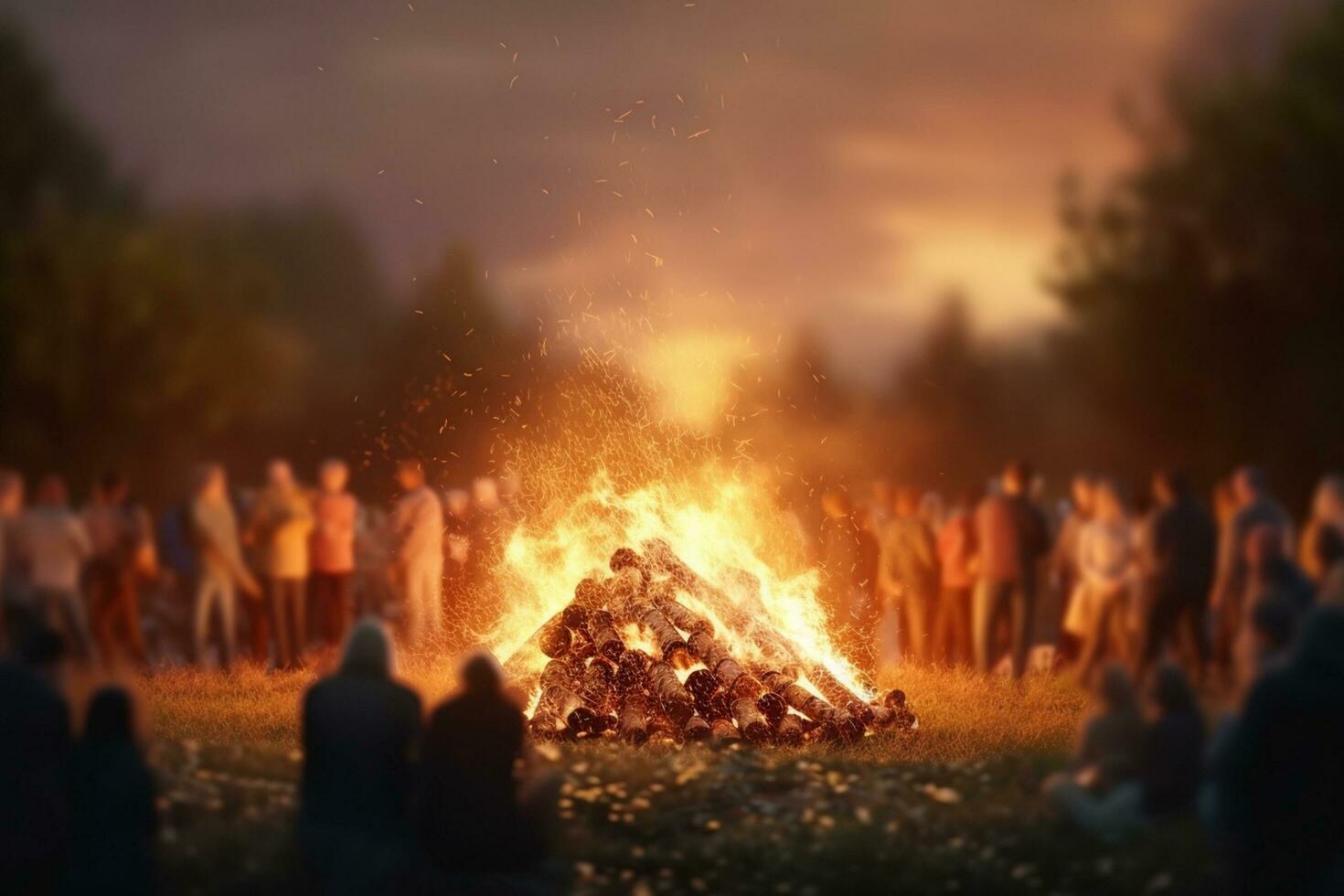 raccolta di persone in giro enorme fuoco di bivacco a notte Festival - ai generato foto