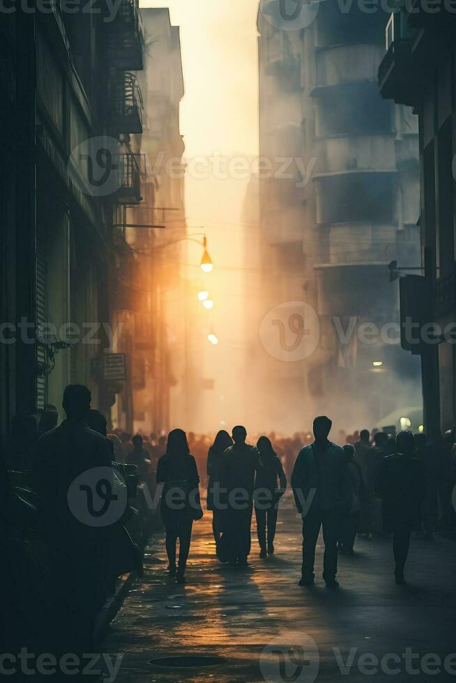 un' nebbioso gruppo di non identificato persone raccolta su il strada foto