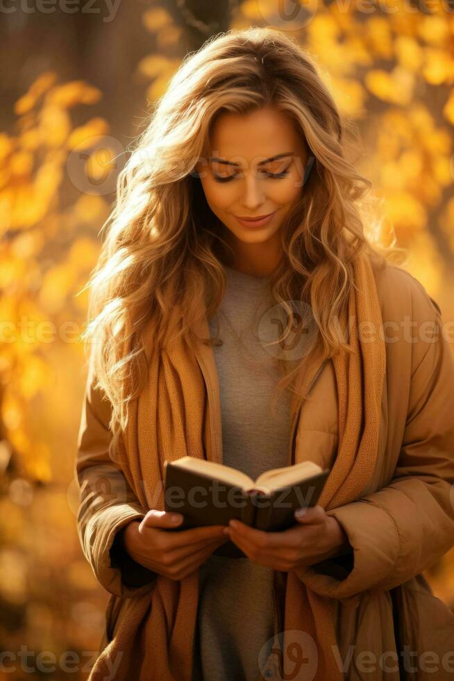 ragazza strettamente stringendo un' Bibbia scoperta conforto nel suo speranza circondato di un' bellissimo caldo colore tavolozza foto
