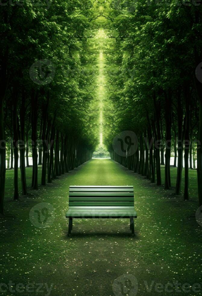 parco panchina nel il mezzo di un' tunnel di verde alberi con luce del sole foto