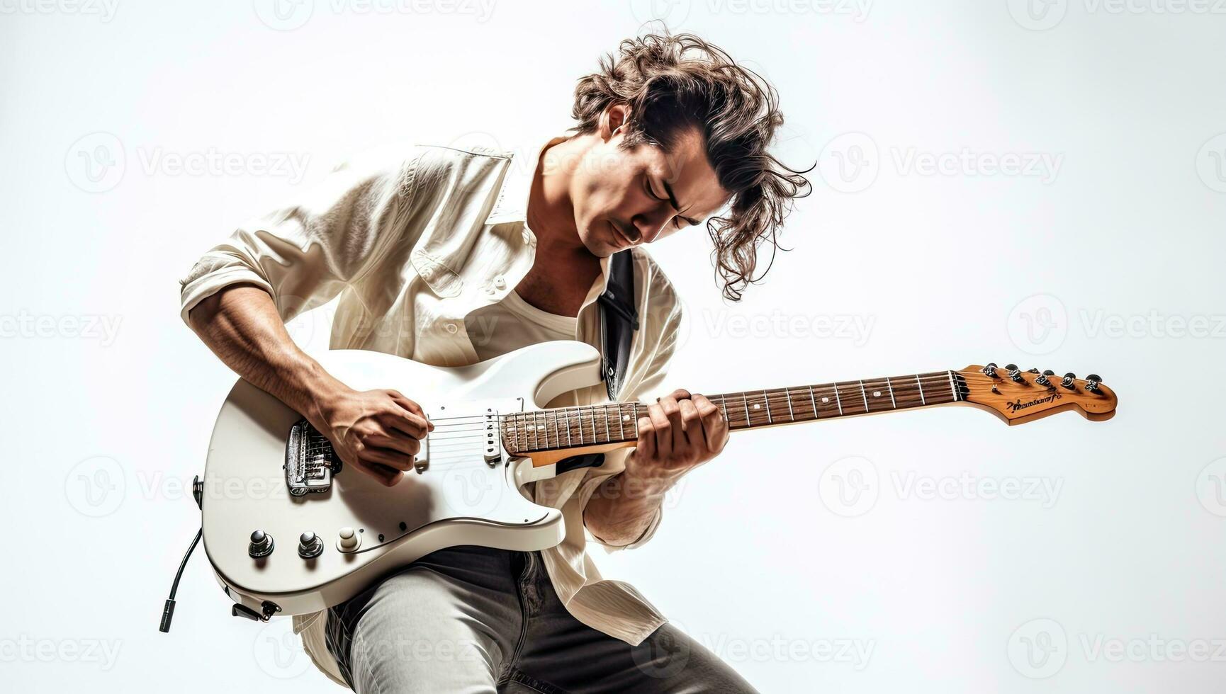 ritratto di un' bello giovane uomo giocando elettrico chitarra su bianca sfondo foto