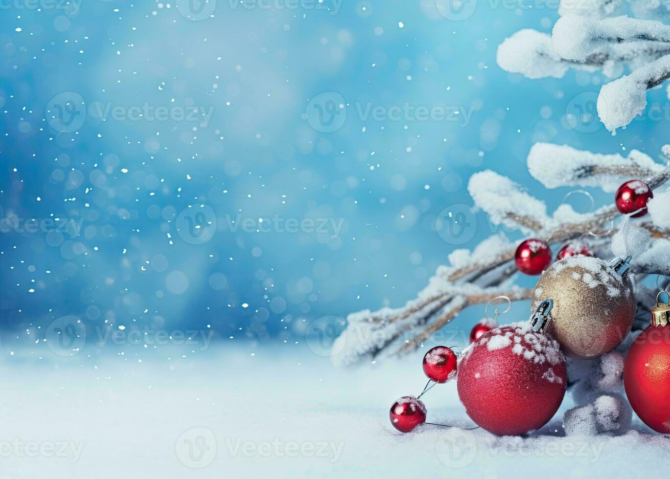 Natale saluto carta con palline e abete albero coperto con neve foto