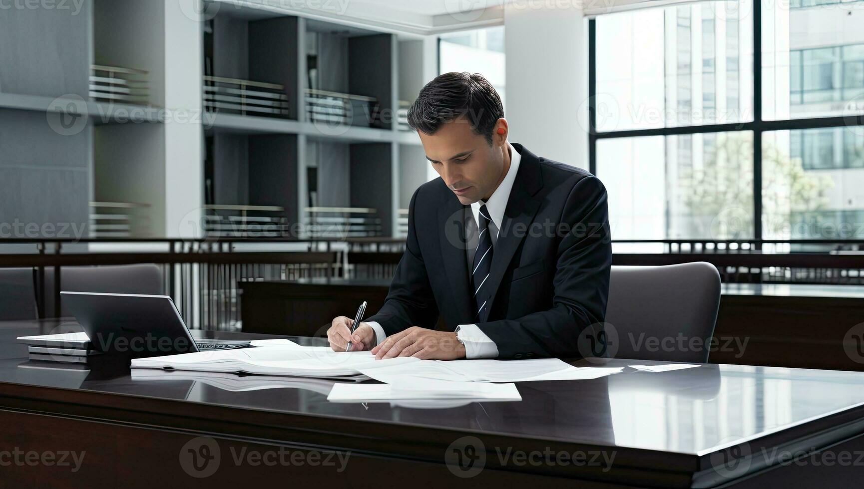 uomo d'affari Lavorando con documenti e il computer portatile nel il ufficio. attività commerciale concetto. foto