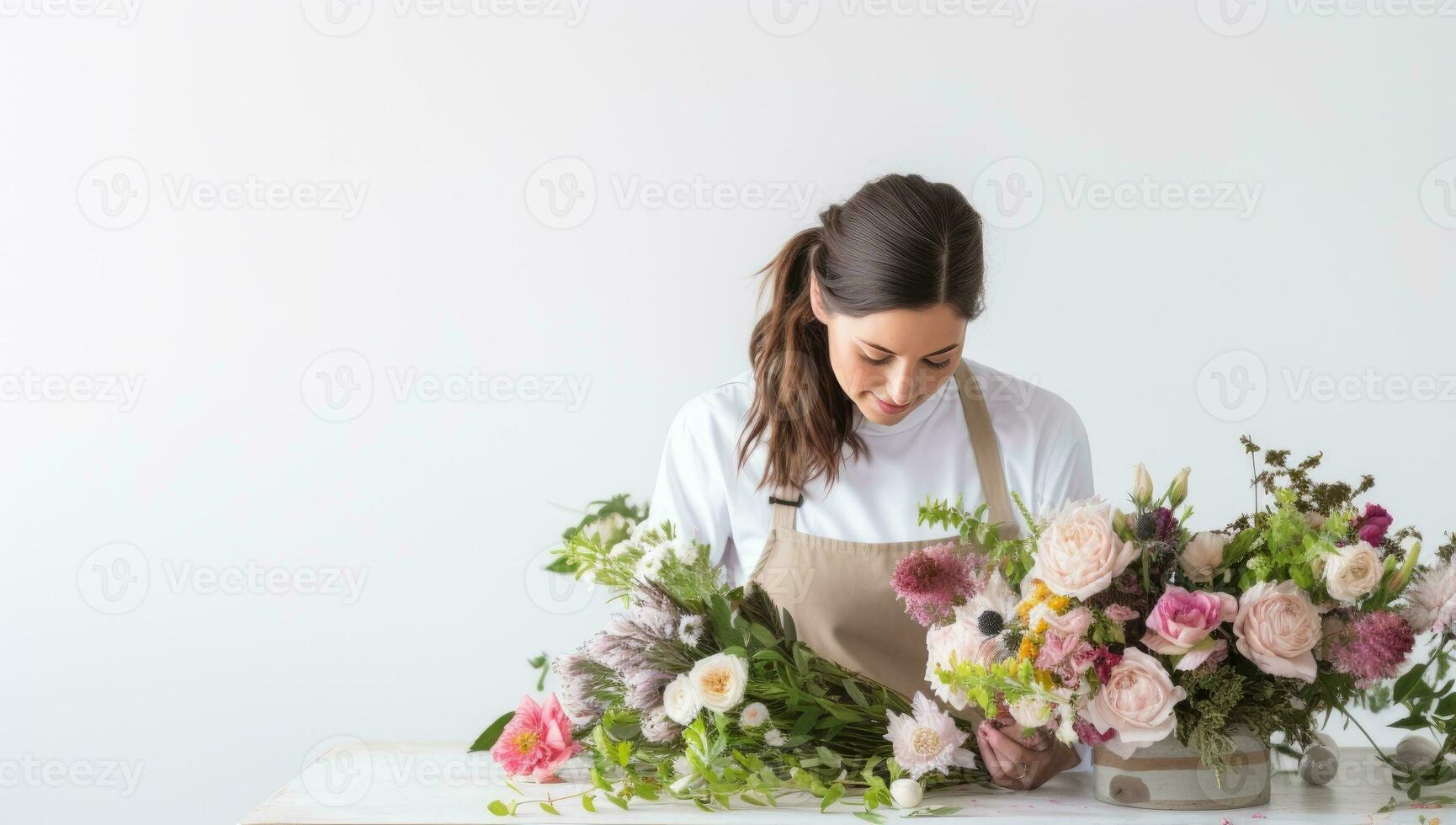 femmina fioraio fabbricazione bellissimo mazzo su tavolo nel fiore negozio foto