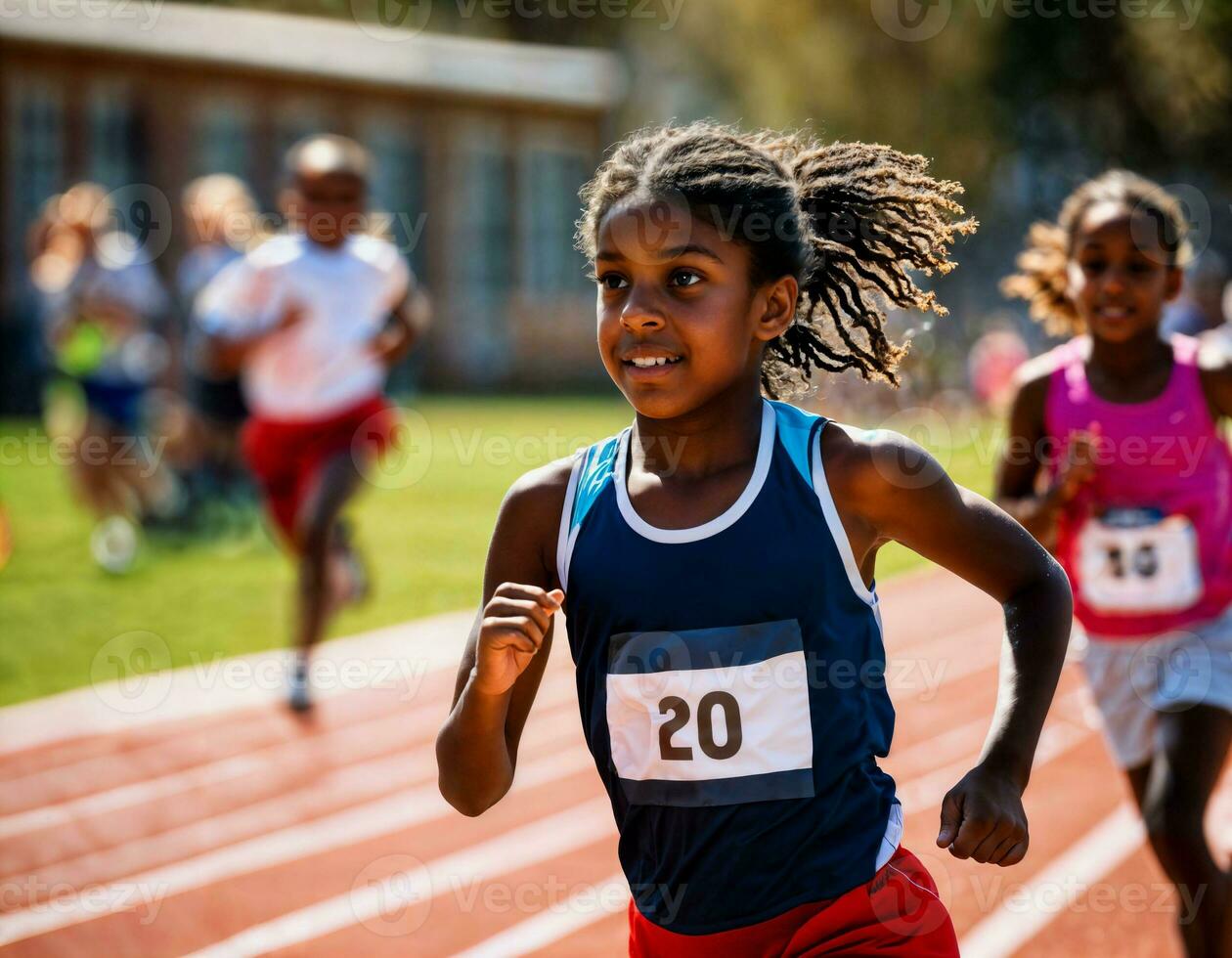 foto di ragazza bambini in esecuzione gara sport a scuola, generativo ai