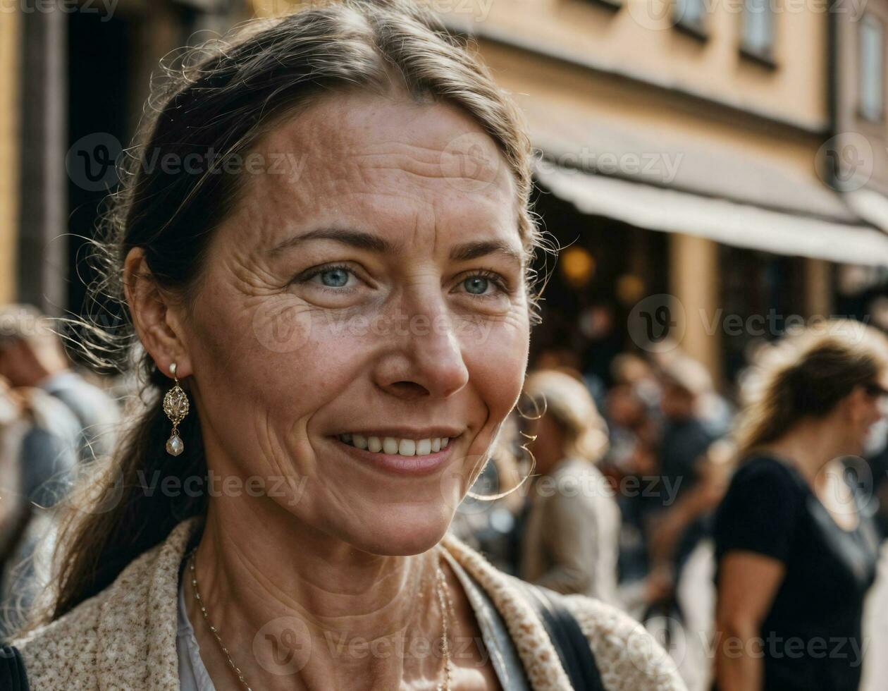 foto di bellissimo europeo donna a piedi nel strada e edificio retrò stile, generativo ai