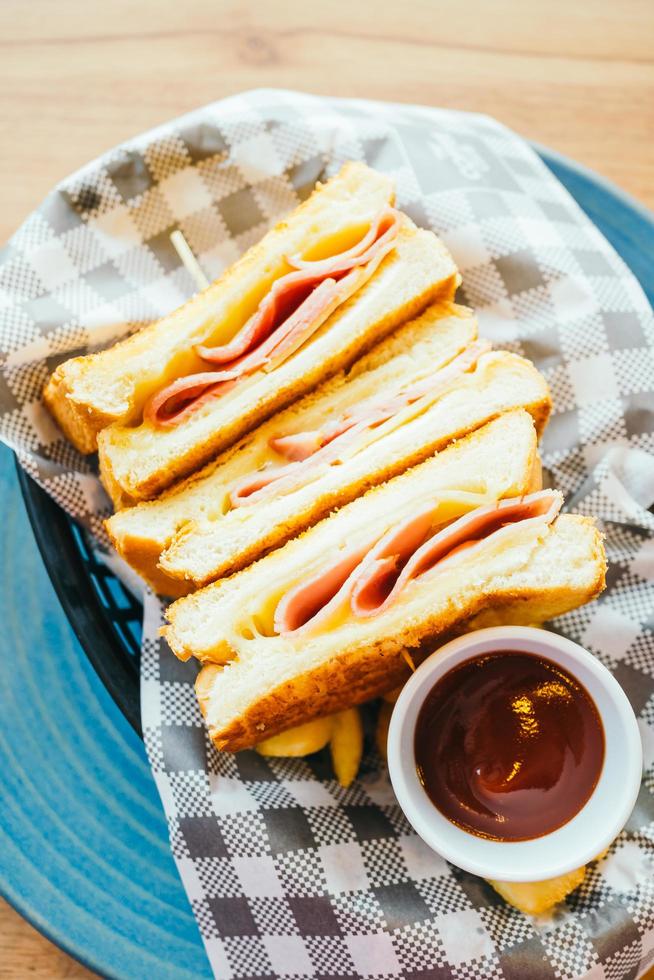 panino con prosciutto formaggio e patatine fritte e salsa di pomodoro foto