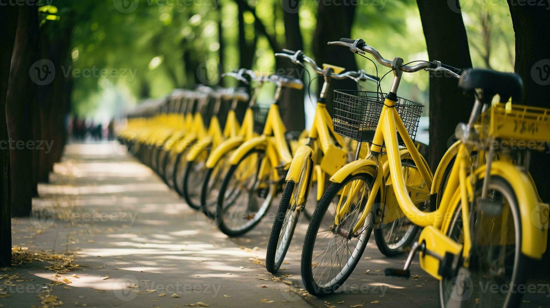 generativo ai, bicicletta condivisione sistema, molti giallo città Bici parcheggiato. salutare ecologia urbano trasporto. foto