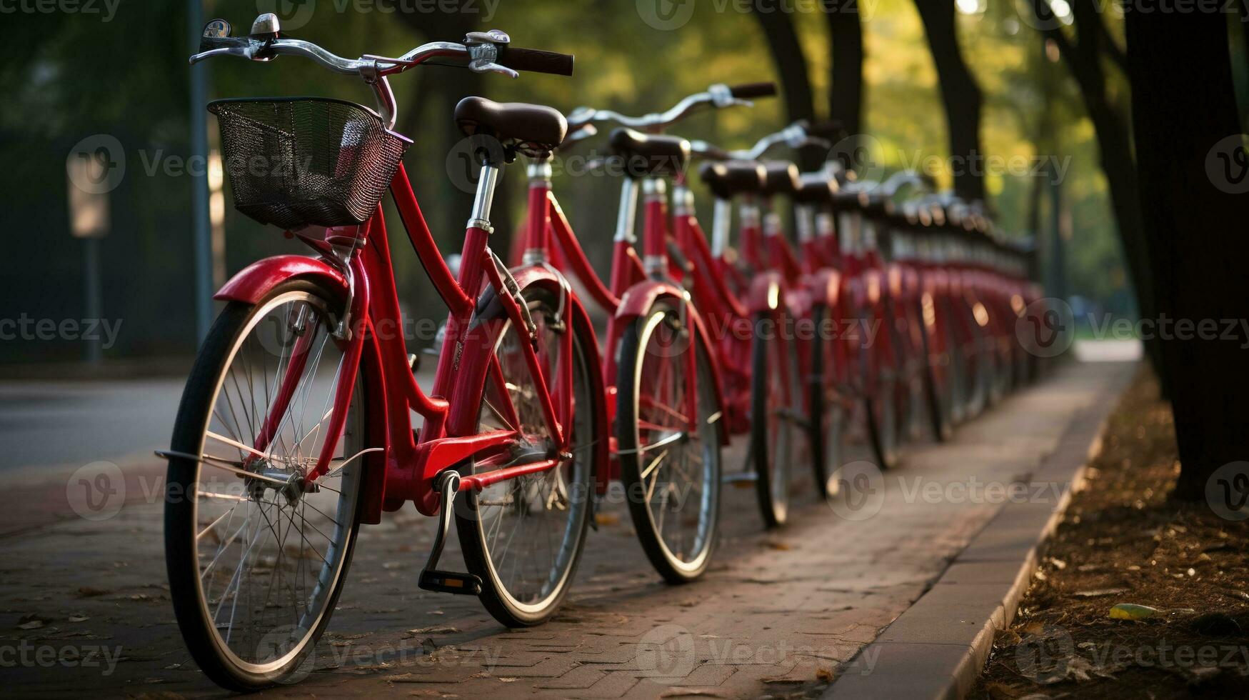 generativo ai, bicicletta condivisione sistema, molti rosso città Bici parcheggiato. salutare ecologia urbano trasporto. foto