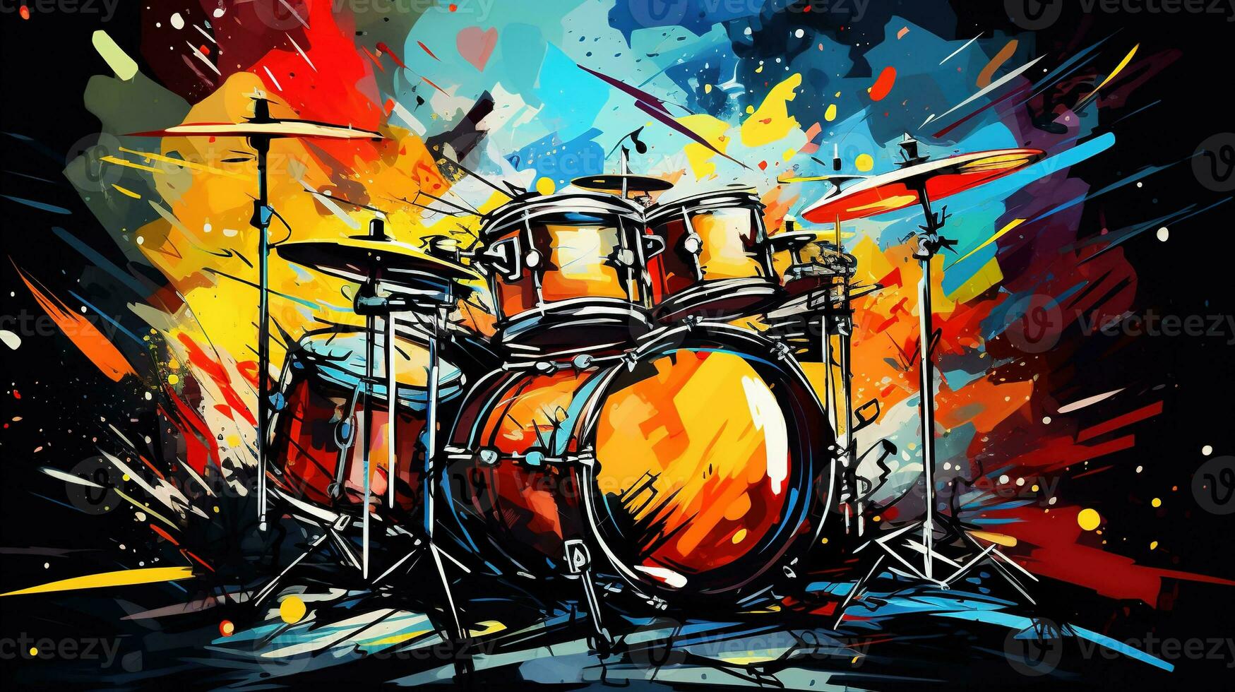 generativo ai, jazz musica strada arte con batteria musicale strumento silhouette. inchiostro colorato graffiti arte su un' strutturato parete, tela sfondo foto