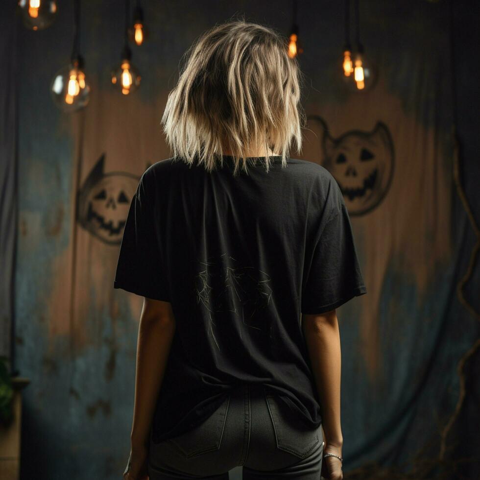 ai generato ragazza modello indossare nero oversize t - camicia. Halloween tema. indietro Visualizza. moderno stile foto