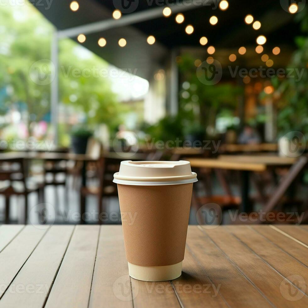 ai generativo Marrone carta caffè tazza, su un' di legno tavolo, con sfocatura sfondo di bar, iper realistico foto
