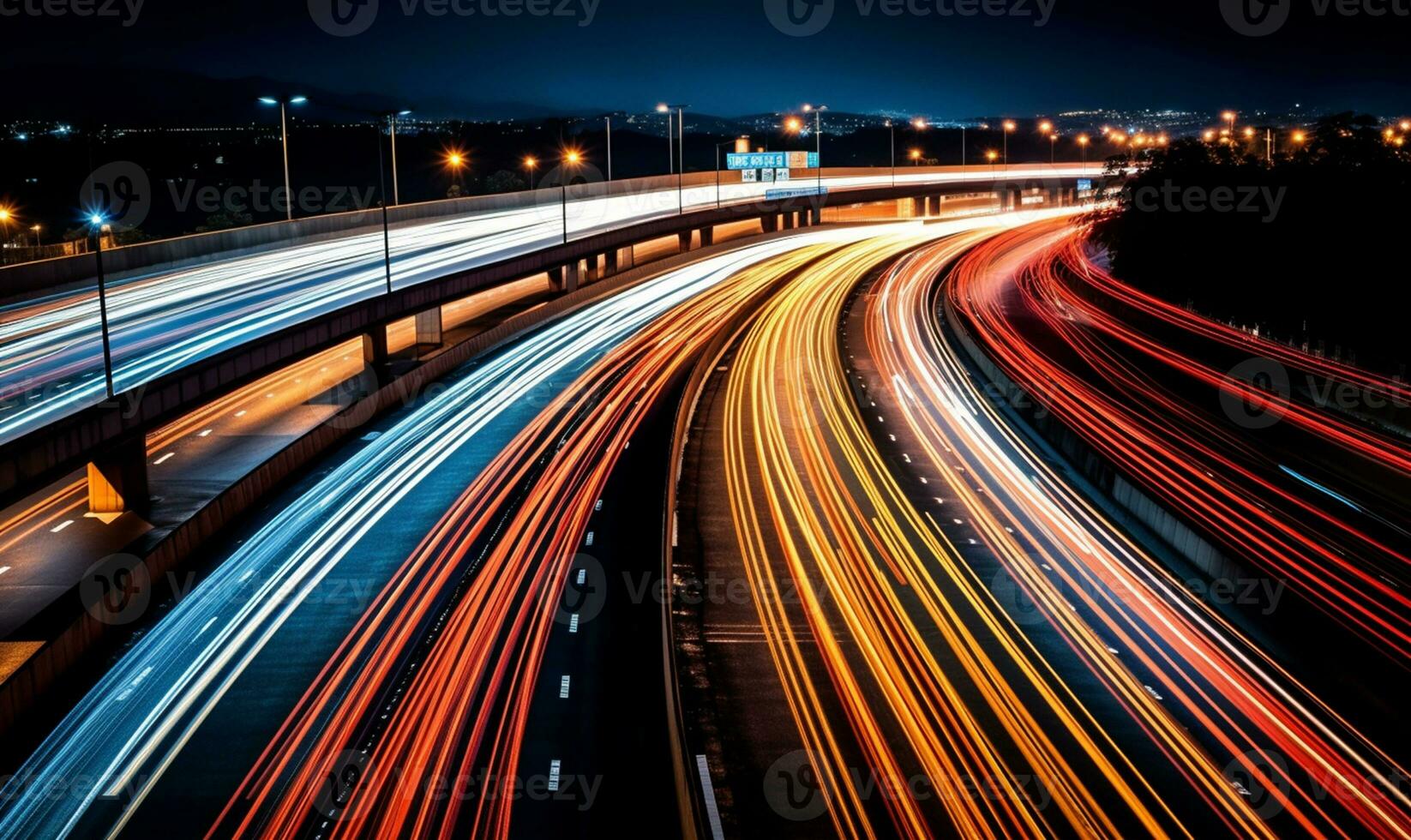 traffico su un' autostrada a notte. ai generato foto