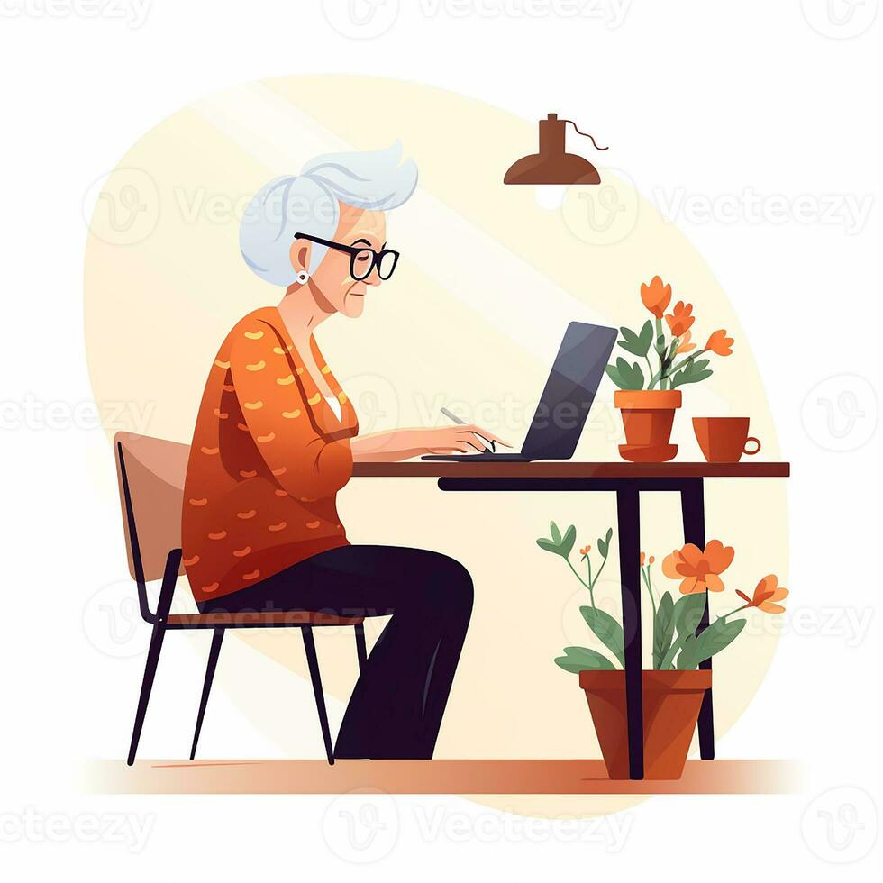 carino anziano donna Lavorando su un' il computer portatile. piatto illustrazione su il tema di nuovo tecnologie e il anziano. ai generato foto