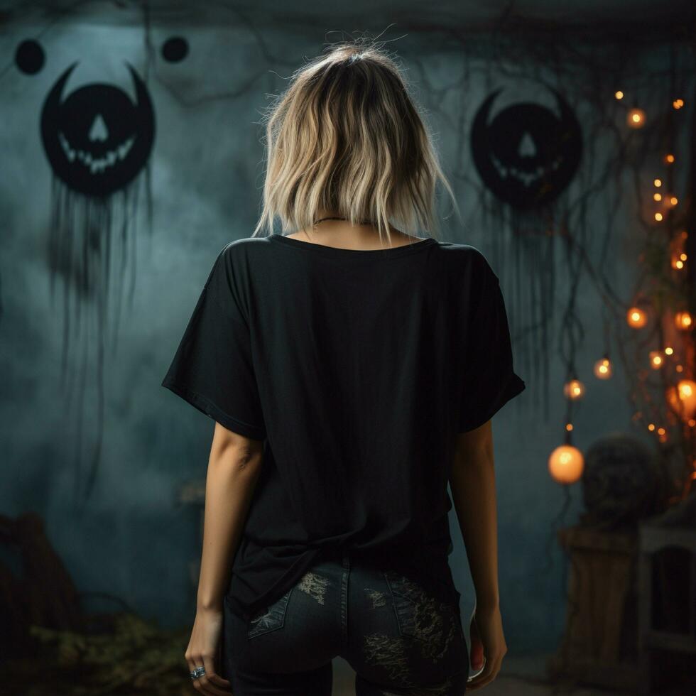 ai generato ragazza modello indossare nero oversize t - camicia. Halloween tema. indietro Visualizza. moderno stile foto