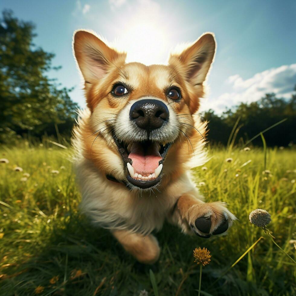 ai generativo alto qualità foto di un' contento cane giocando palla su il erba