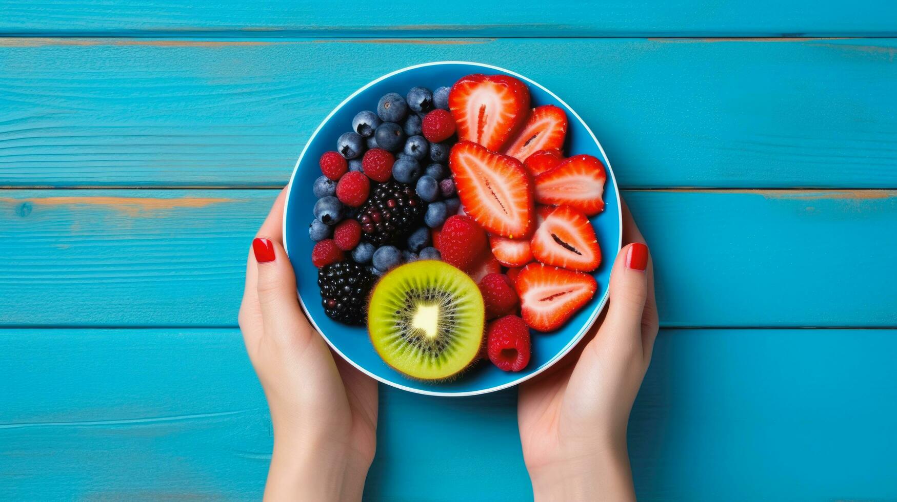 superiore Visualizza di frutta insalata con fragola e mirtillo dolce ciliegia nel piatto su legna sfondo, ai generativo. foto