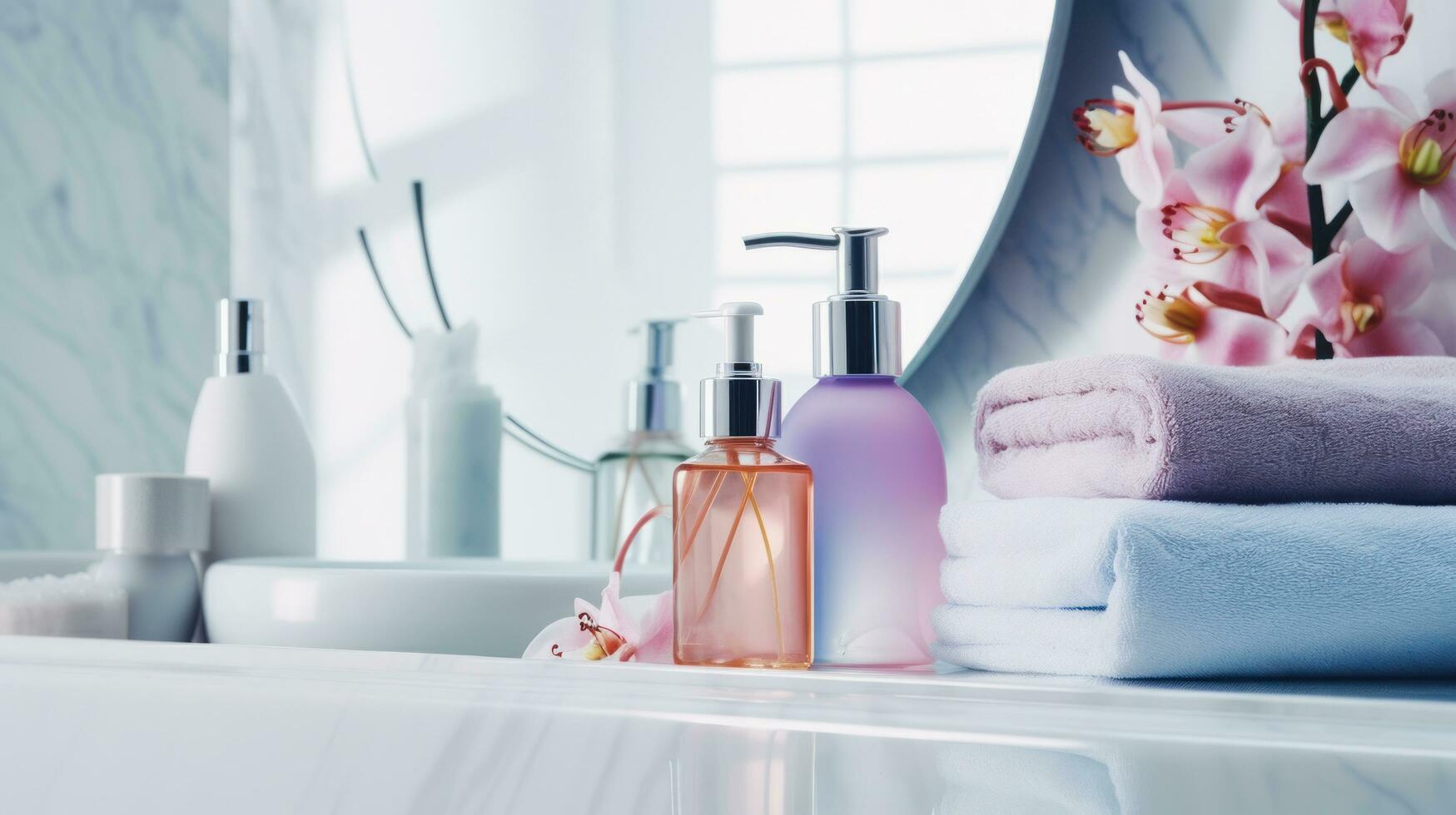 bagnarsi prodotti nel bagno e terme shampoo con doccia gel per cosmetici, di ai generativo. foto
