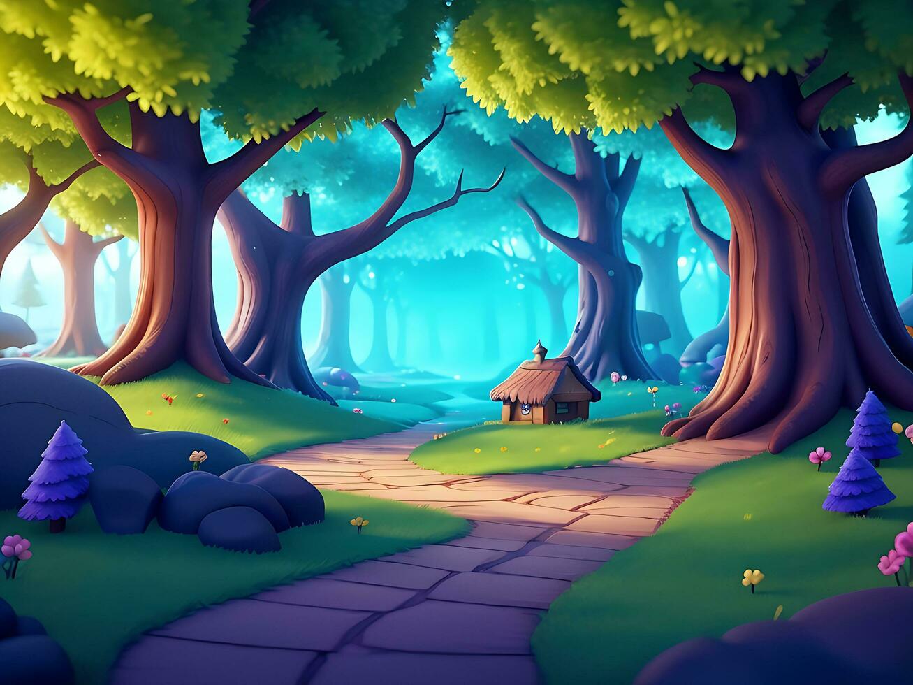 astratto e magico incantata foresta sfondo ambiente per un' battaglia arena mobile gioco. incantata foresta sentiero paesaggio piatto cartone animato stile. 3d realistico illustrazione. ai generato foto
