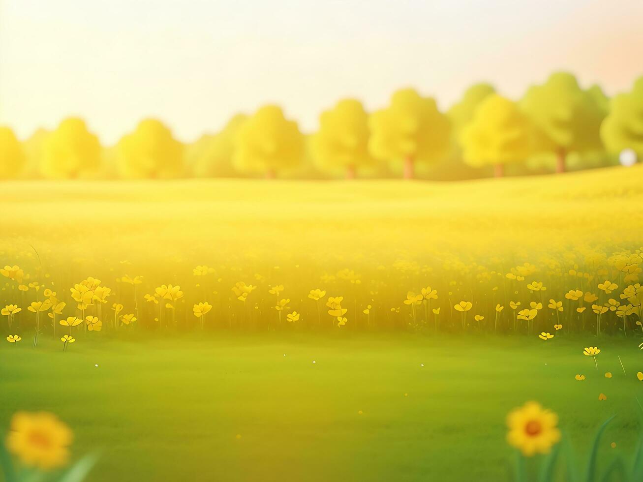 astratto morbido messa a fuoco tramonto campo paesaggio di giallo fiori e erba prato caldo d'oro ora tramonto Alba volta. tranquillo primavera estate natura avvicinamento e sfocato foresta sfondo. ai generato foto
