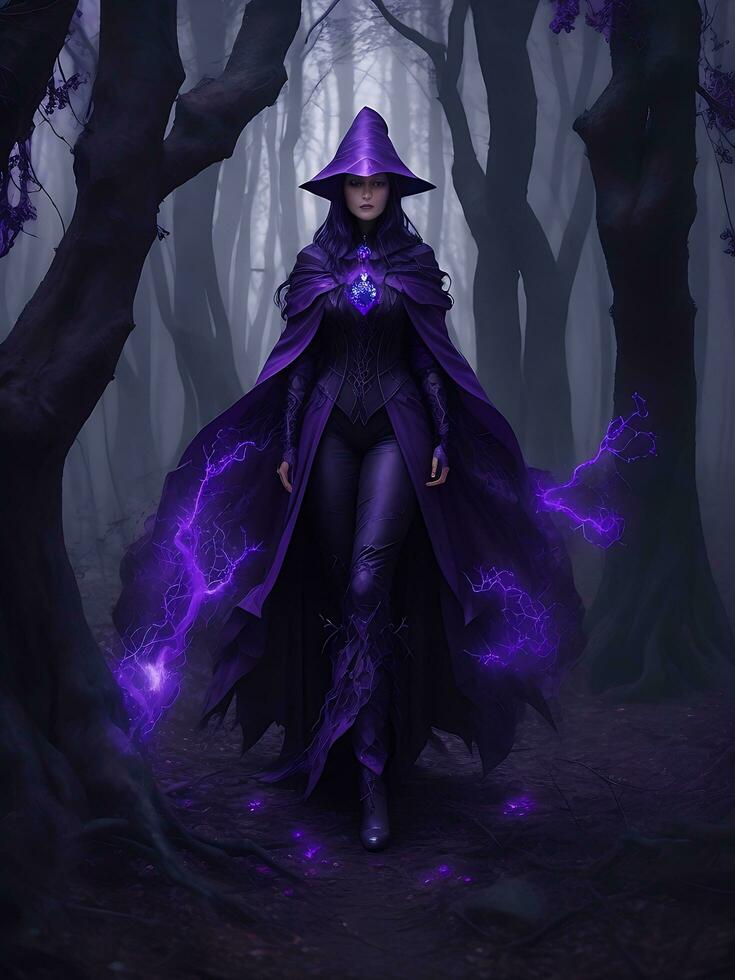un' misterioso strega ammantato nel viola caos energia, in piedi nel un' buio foresta di sterile alberi, raggiante con un' potente energia. realistico, sbalorditivo realistico fotografia, ai generato foto