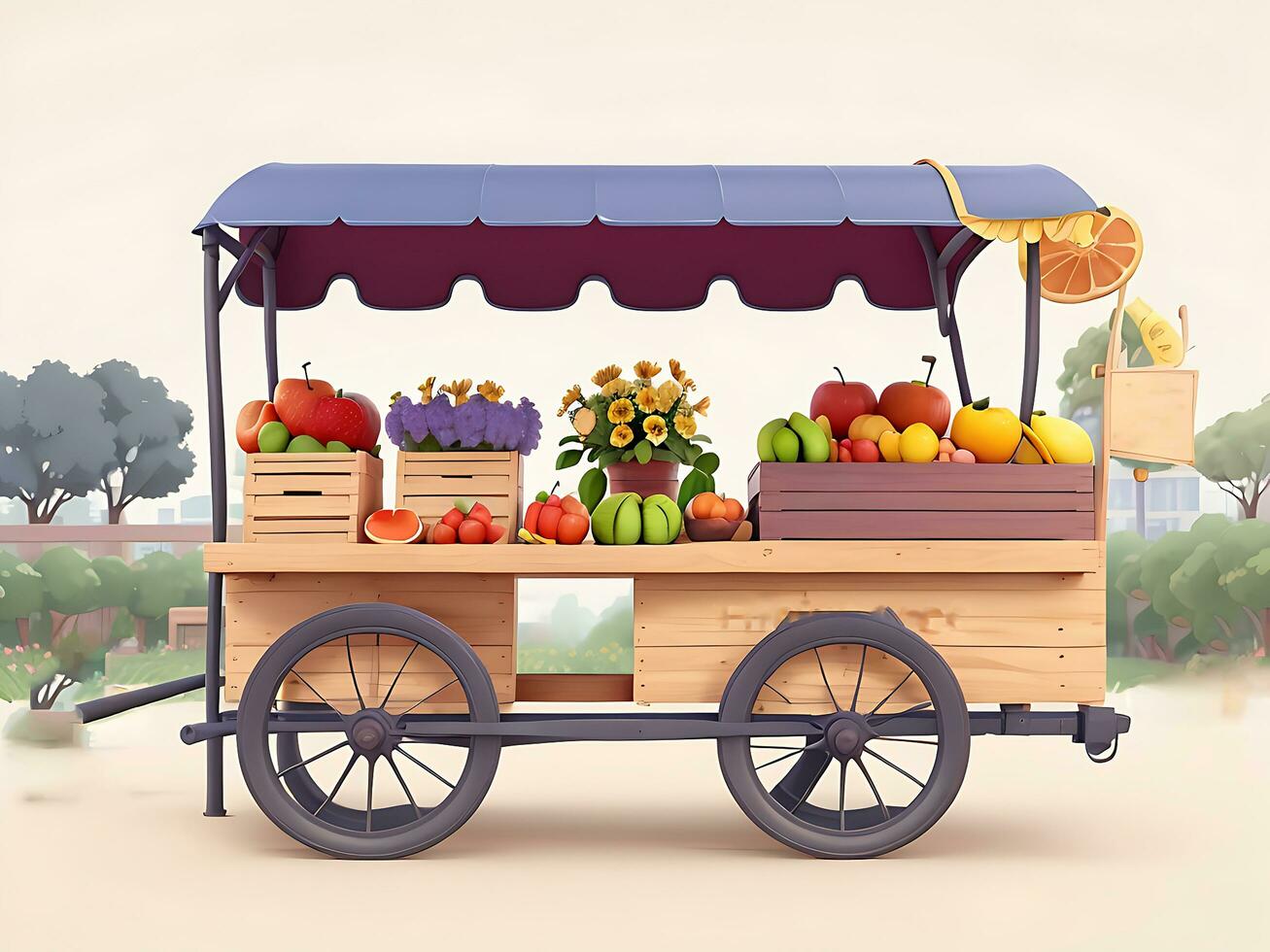 strada lato scena con fiore carrello e frutta carrello scena vettore catton illustrazione, ai generato foto