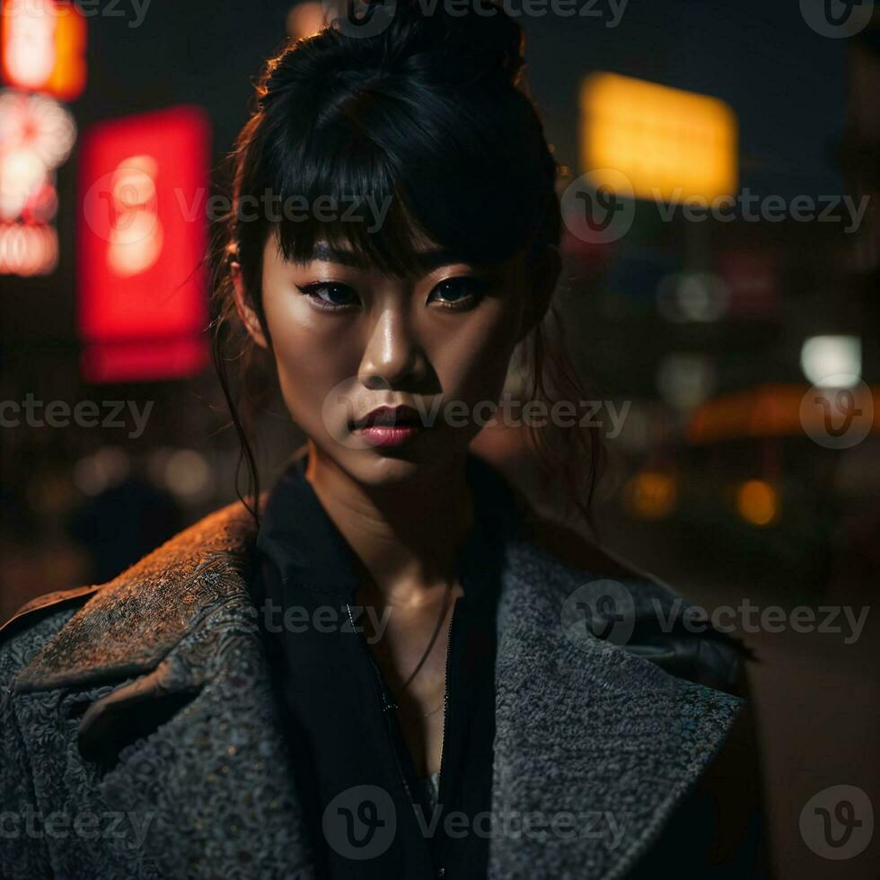 foto di asiatico donna a strada notte con luce, generativo ai