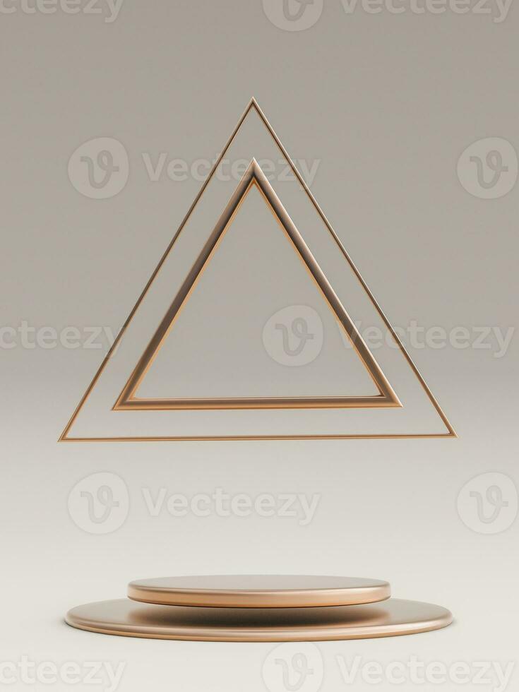 minimo beige sfondo con vuoto d'oro il giro podio e triangolo elementi. geometrico forme. 3d resa. verticale foto