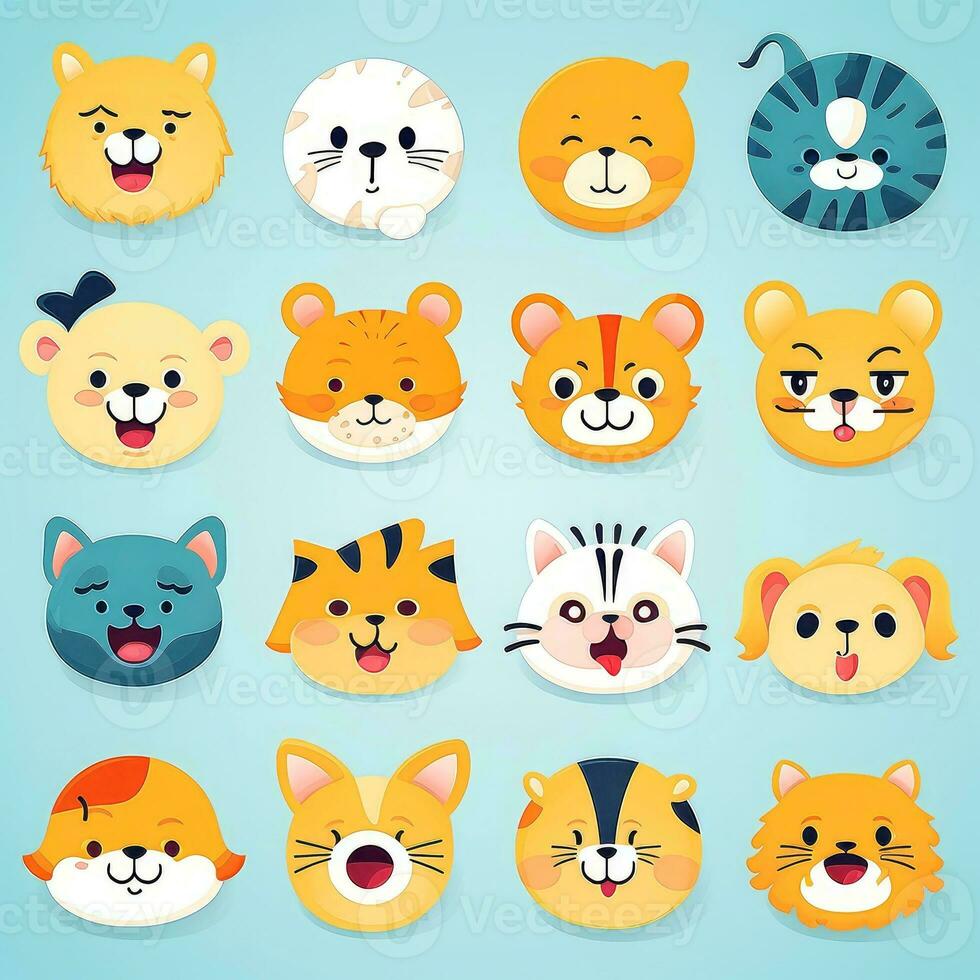 impostato di animale facce, viso emoji, adesivi, emoticon, cartoni animati divertente portafortuna personaggi viso impostare, generativo ai illustrazione foto