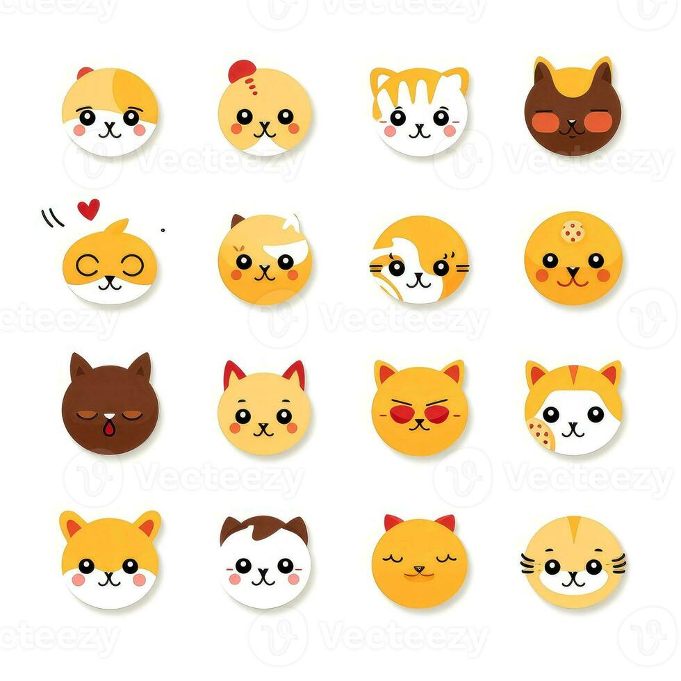 impostato di animale facce, viso emoji, adesivi, emoticon, cartoni animati divertente portafortuna personaggi viso impostare, generativo ai illustrazione foto