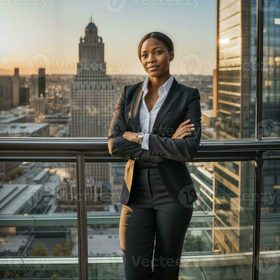 foto di inteligente africano donna con nero attività commerciale completo da uomo a grande moderno città, generativo ai