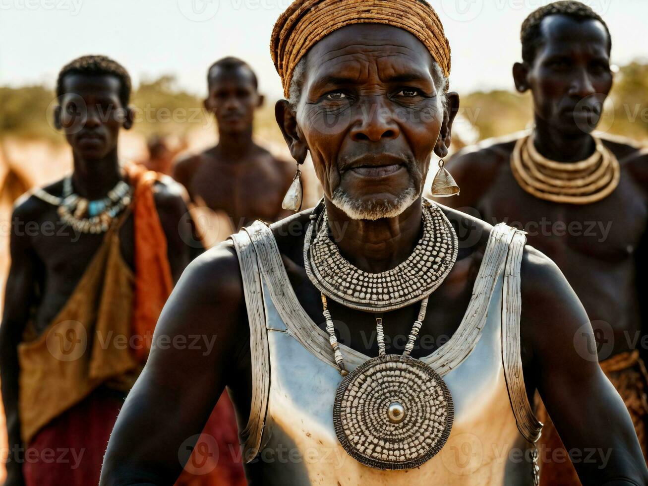 foto di africano vecchio persone tribale guerrieri con armatura, generativo ai
