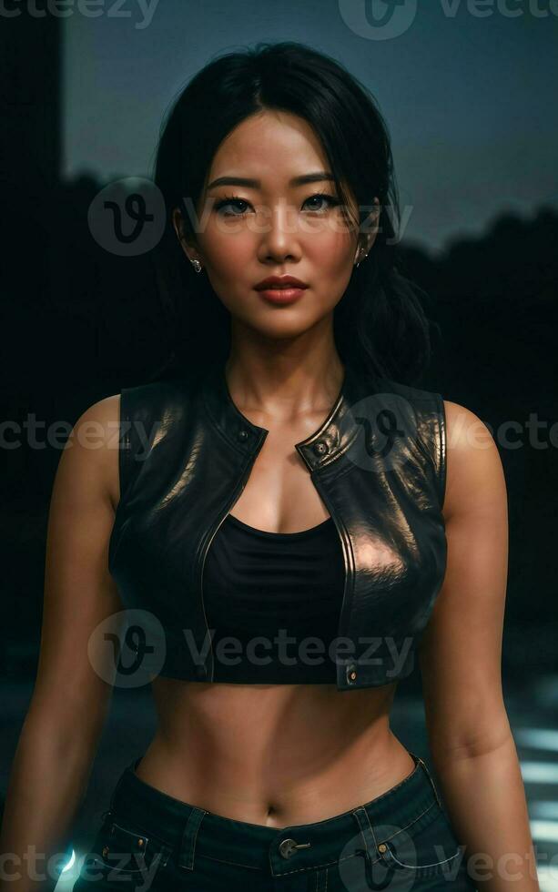 foto di asiatico donna nel giacca attrezzatura con colorato leggero nel sfondo, generativo ai