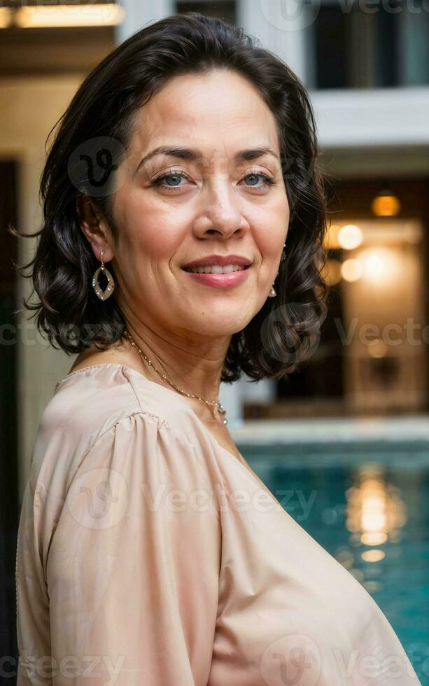 foto di mezzo anziano vecchio donna a Casa vicino mare spiaggia, generativo ai