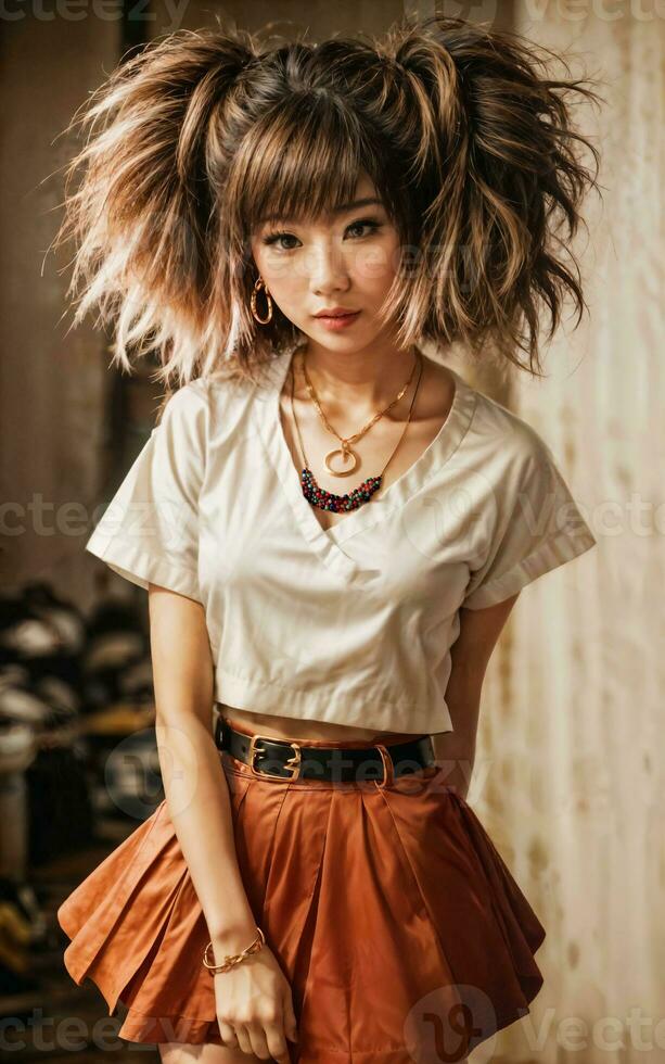 foto di adolescenziale giocoso asiatico donna con Accessori e muggine acconciatura, generativo ai