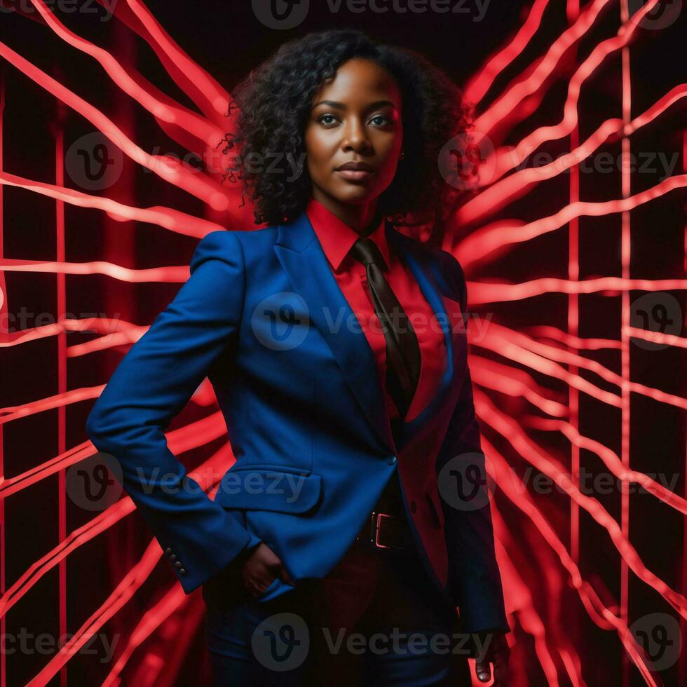 foto di inteligente africano donna con attività commerciale completo da uomo a neon mxied rosso e blu leggero sci fi sfondo, generativo ai