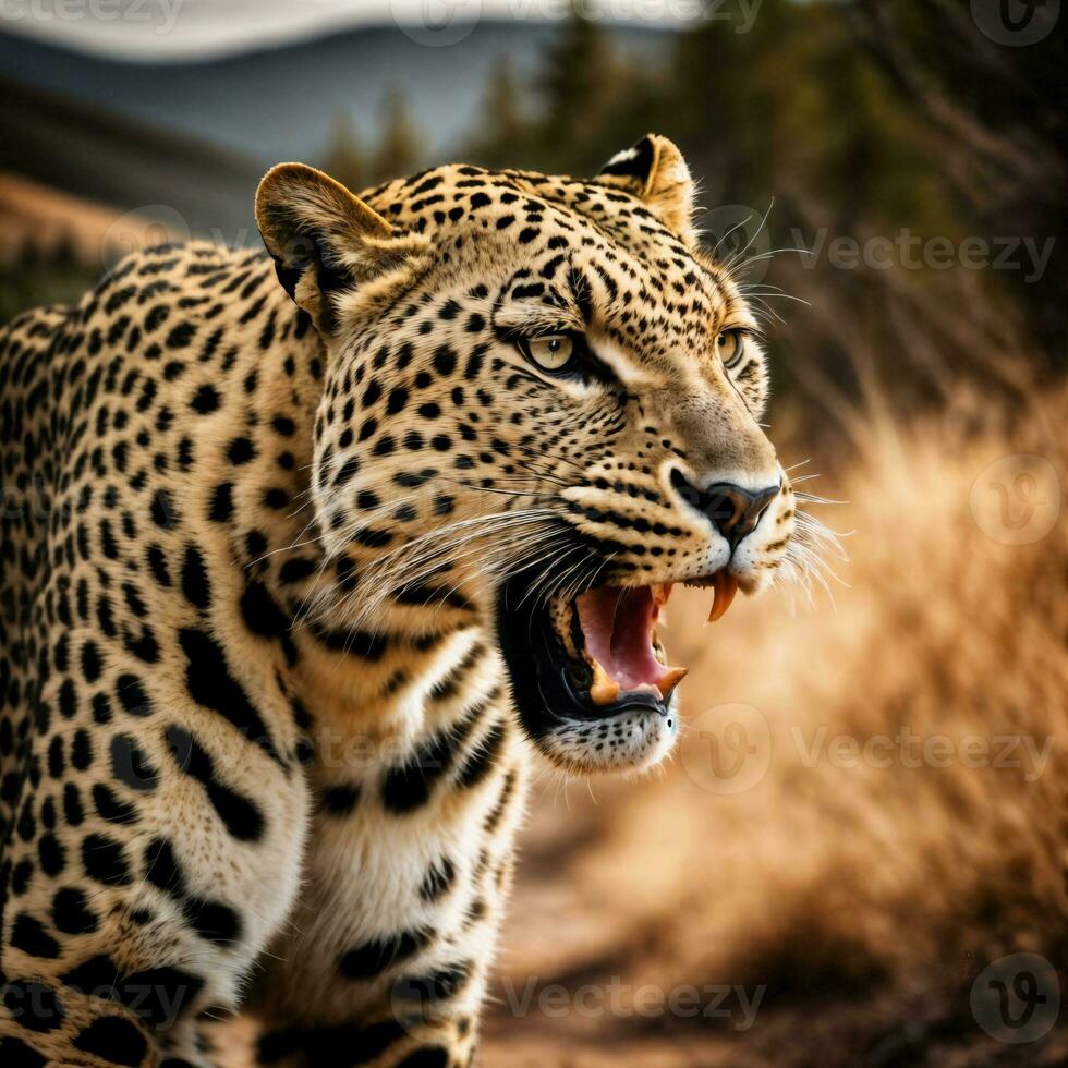 foto di grande leopardo in esecuzione nel il foresta, generativo ai