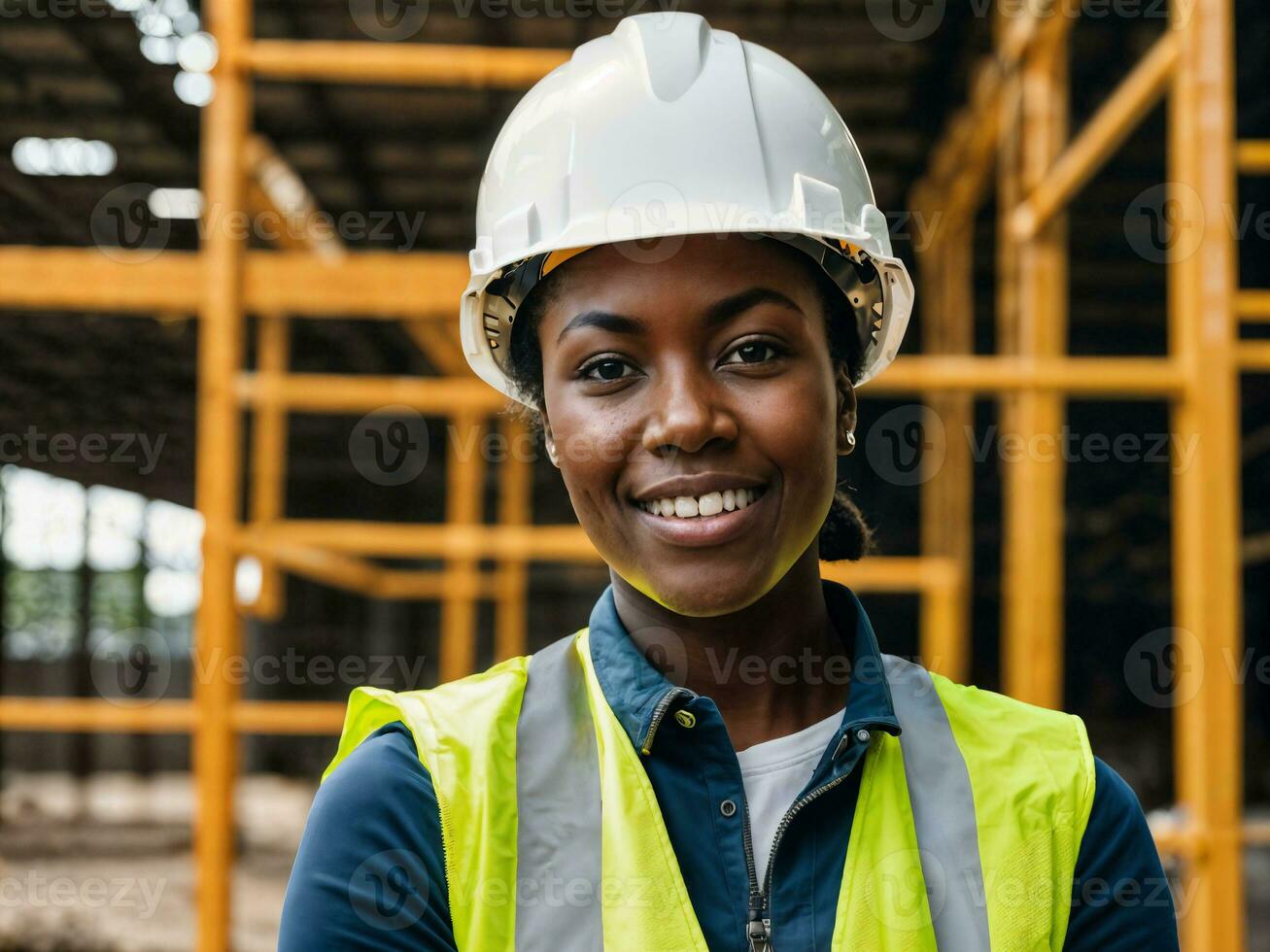 foto di africano nero donna come un' costruzione lavoratore con casco, generativo ai