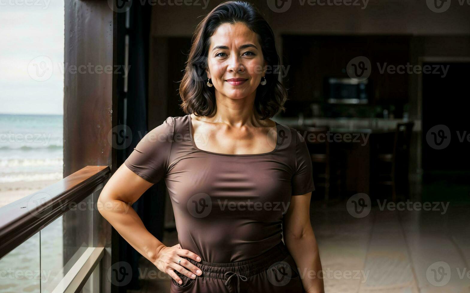 foto di mezzo anziano vecchio donna a Casa vicino mare spiaggia, generativo ai