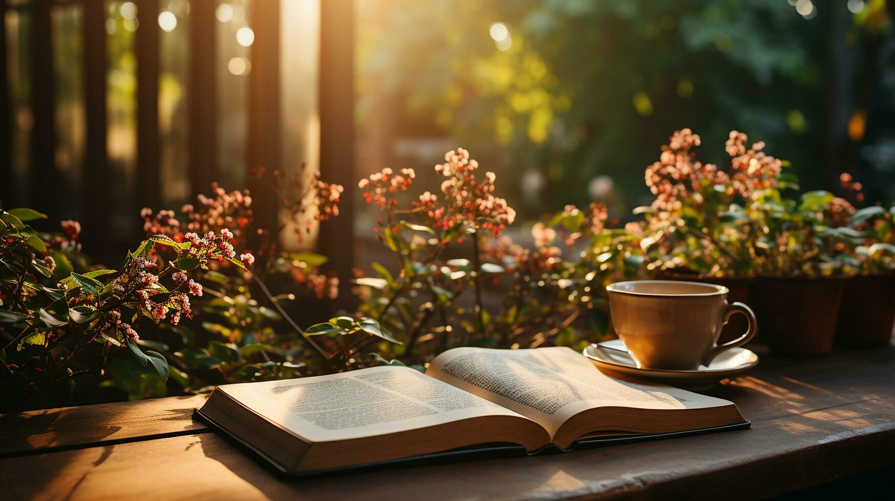 un' tazza di caffè con libro e penna su il di legno tavolo ai generato foto