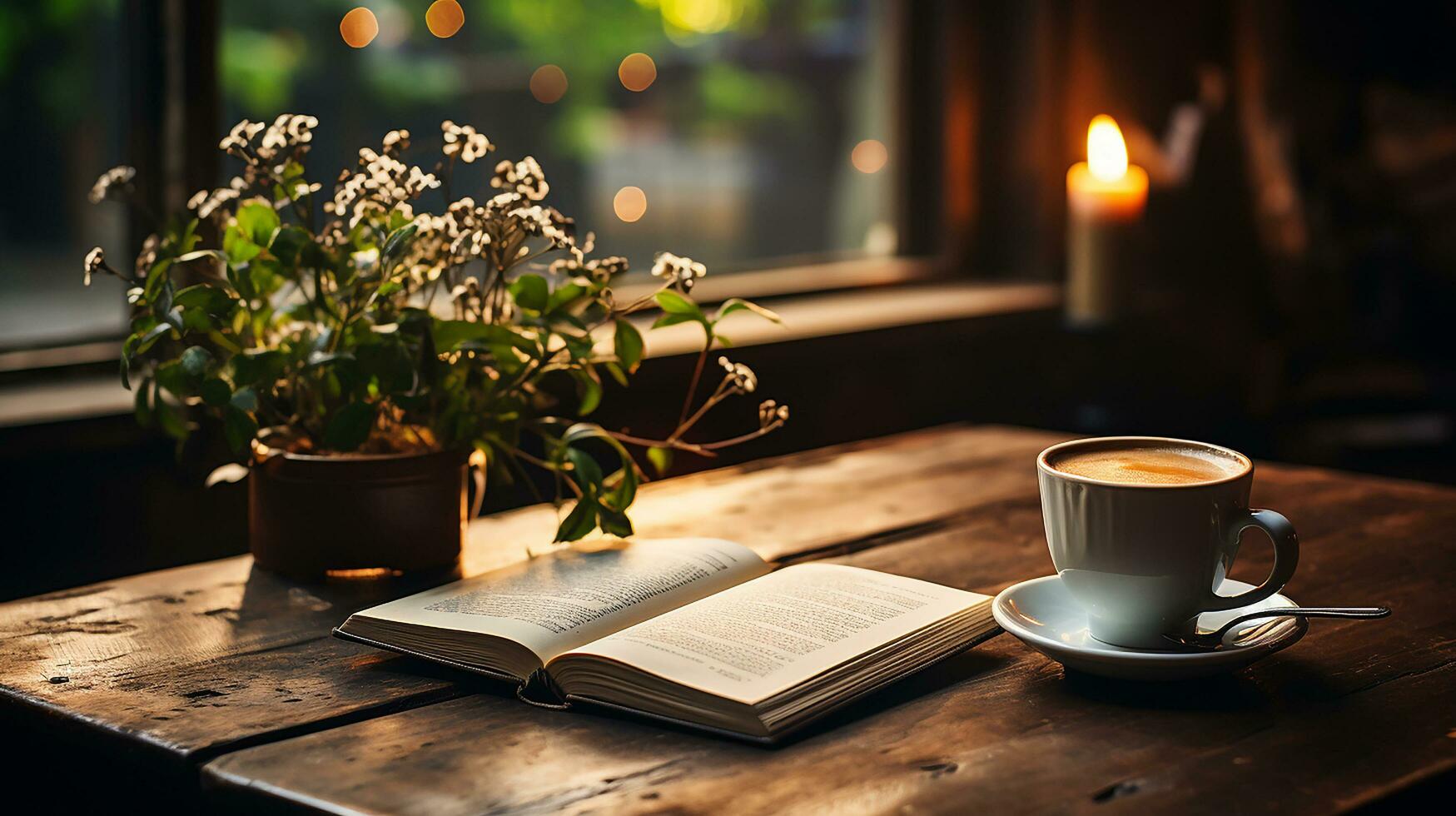 un' tazza di caffè con libro e penna su il di legno tavolo ai generato foto