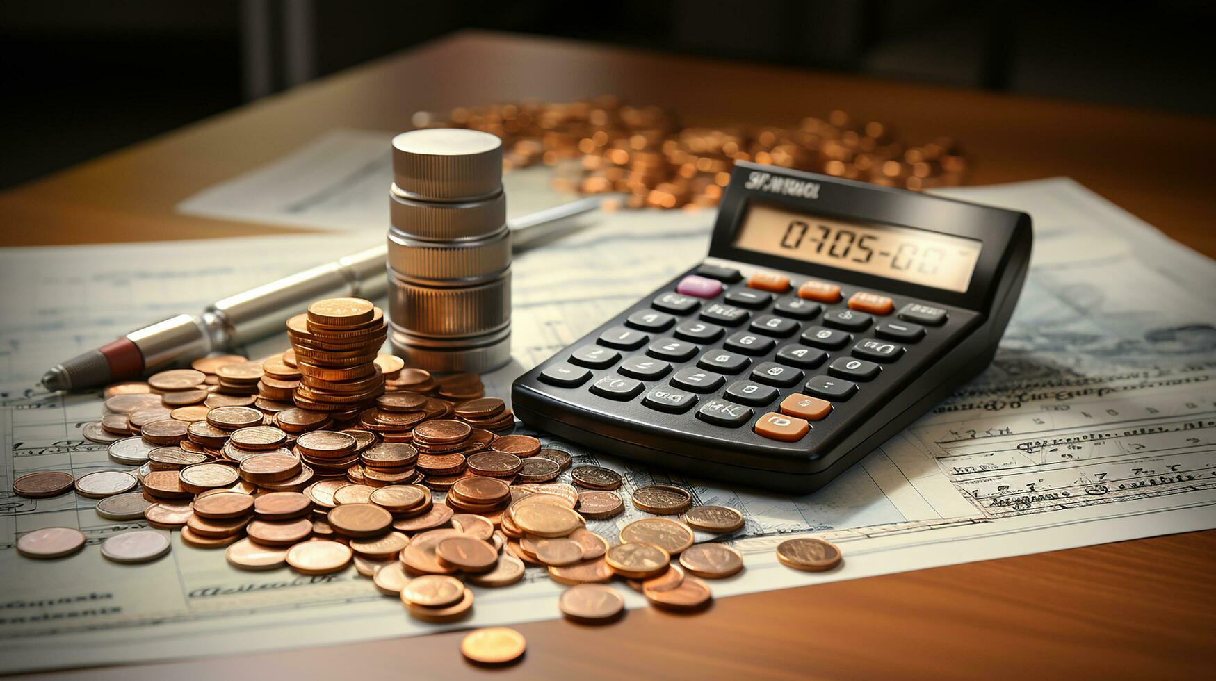 foto-realistica di calcolatrice, i soldi e carta con grafico grafico su tavolo ai generativo foto