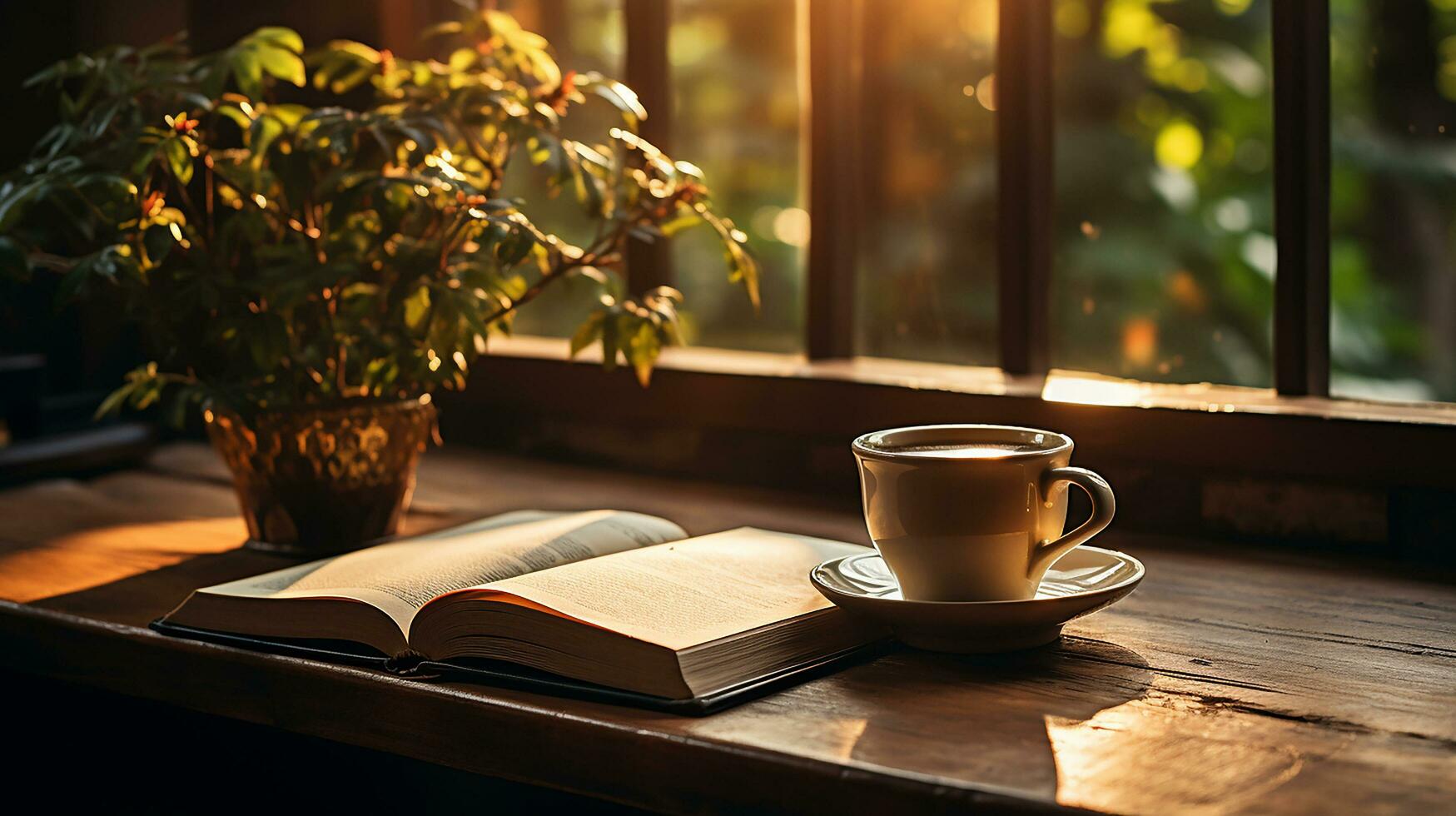 un' tazza di caffè con libro e penna su il di legno tavolo ai generato foto