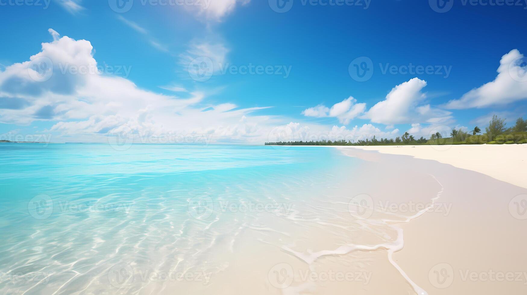 bellissimo spiaggia con bianca sabbia, blu cielo e piccolo onde ai generativo foto