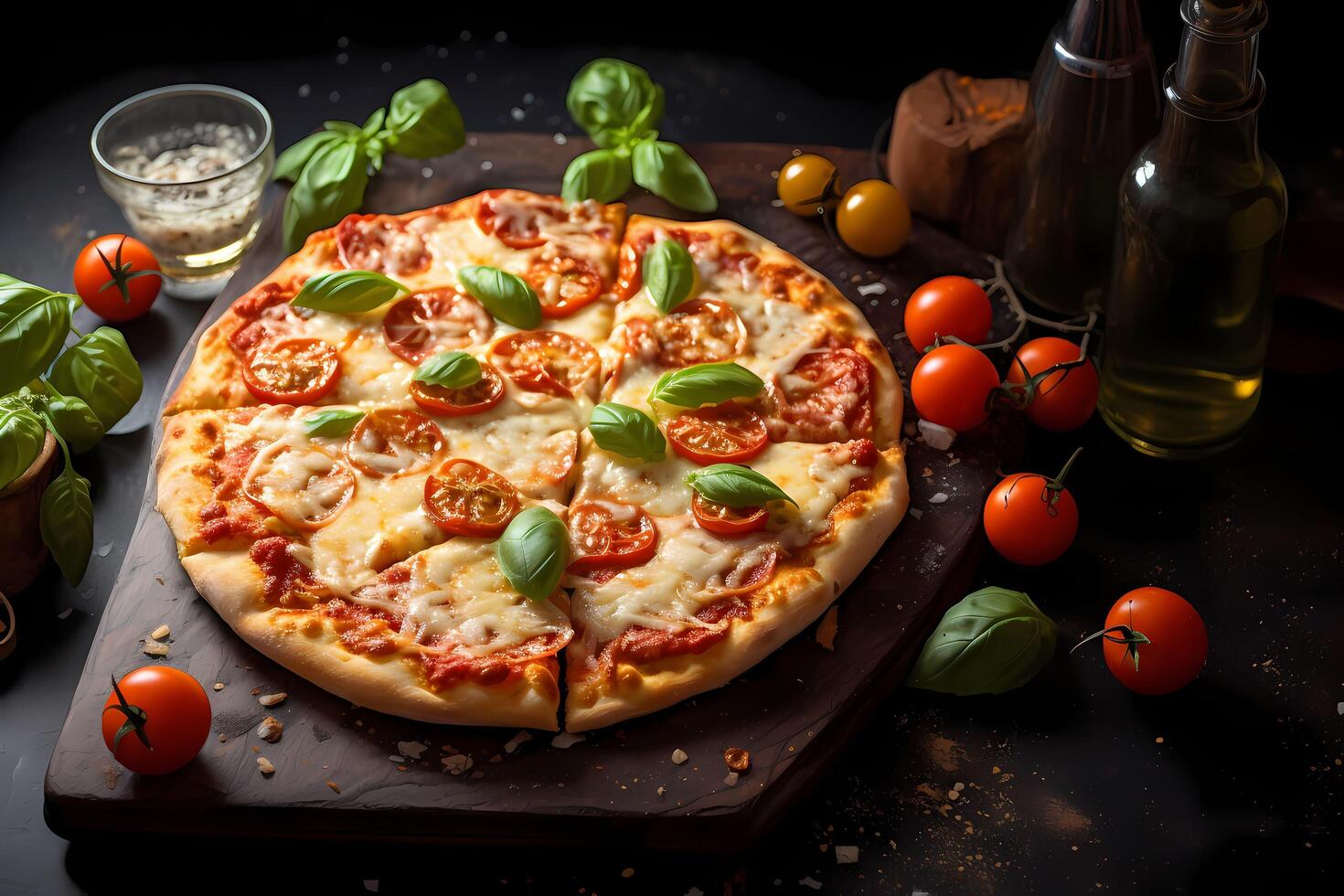 fatti in casa italiano formaggio Pizza con pomodoro e Mozzarella su di legno tavola ai generativo foto