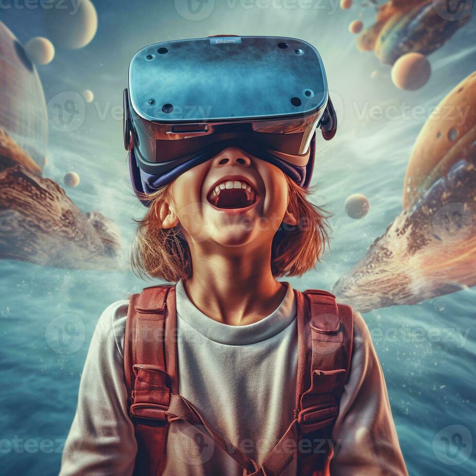 illustrazione di un' persona indossare un' virtuale la realtà vr cuffia, ai generato. foto