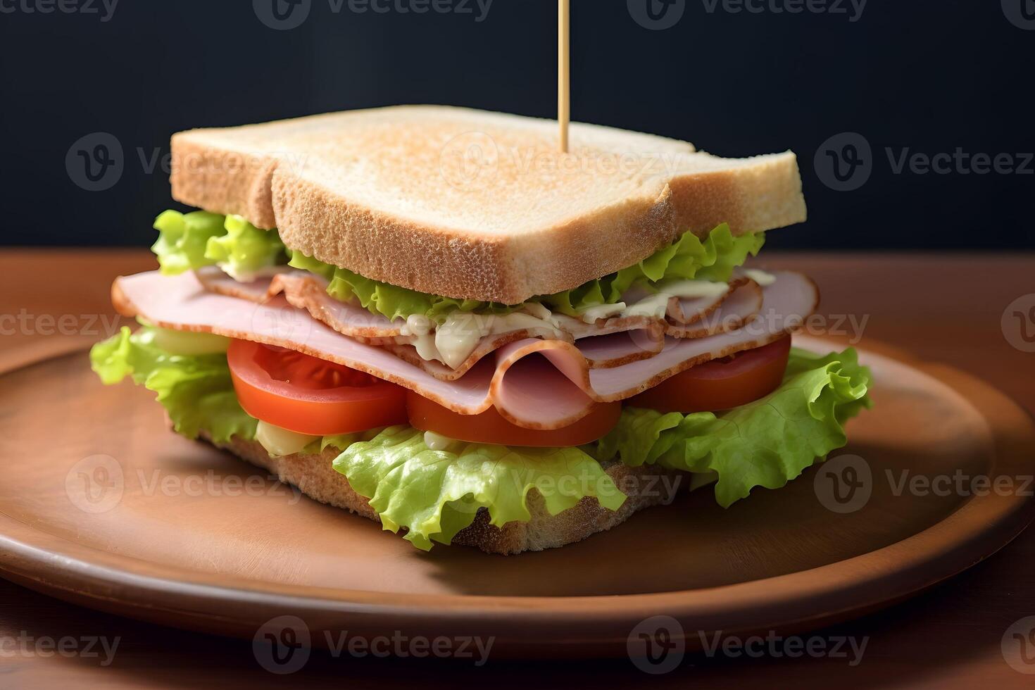 avvicinamento Sandwich bologna salsa con pomodoro fetta, lattuga , pane, affettato carne ai generativo Immagine foto