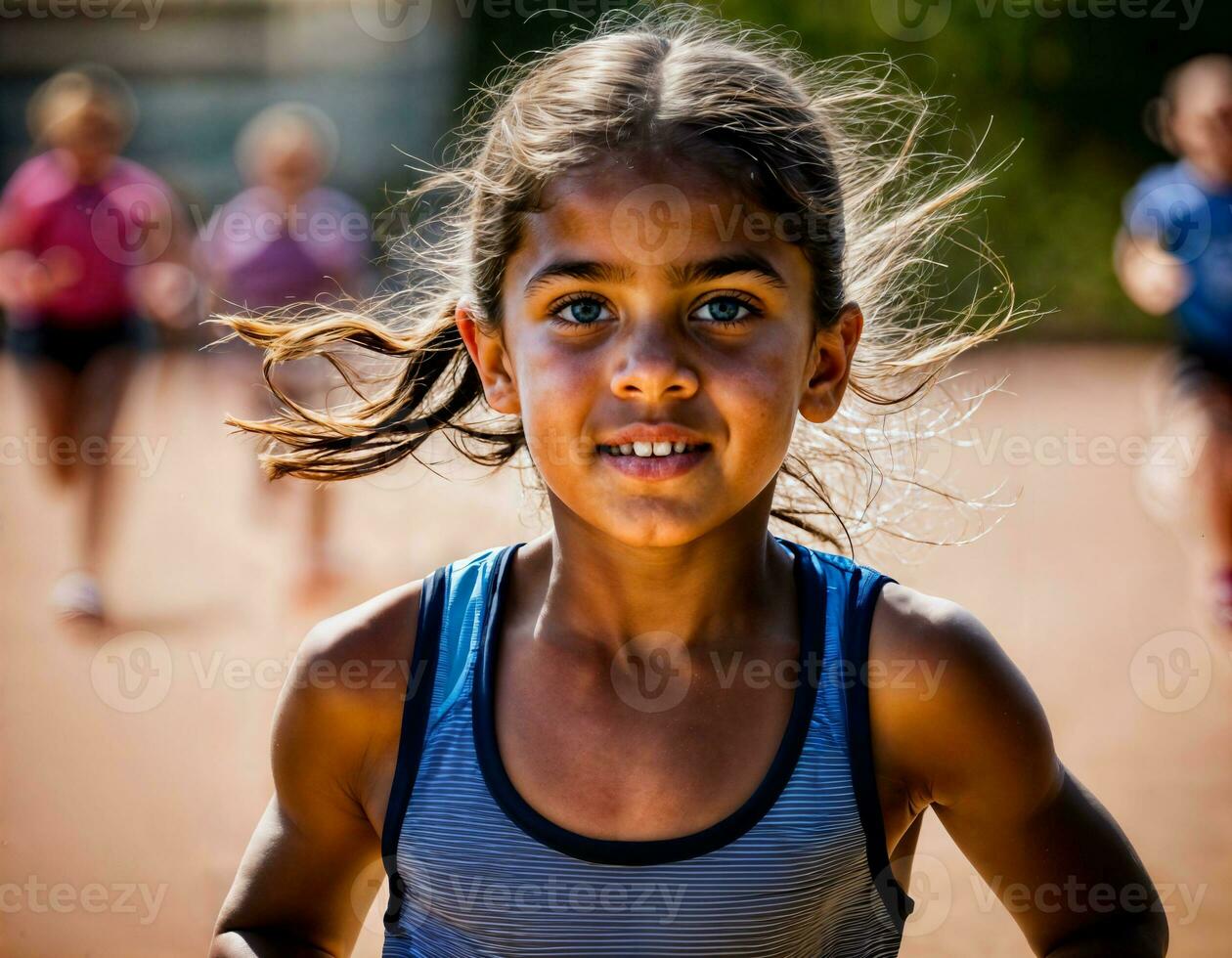 foto di ragazza bambini in esecuzione gara sport a scuola, generativo ai